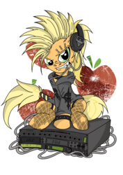 Size: 3508x4961 | Tagged: safe, artist:toonlancer, applejack, g4, alternate hairstyle, applepunk, clothes, female, headphones, hoodie, mohawk, piercing, punk, sitting, solo