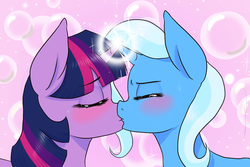 Size: 1280x853 | Tagged: safe, artist:naomiknight17, trixie, twilight sparkle, pony, unicorn, g4, blushing, duo, female, horn, horns are touching, kiss on the lips, kissing, lesbian, ship:twixie, shipping