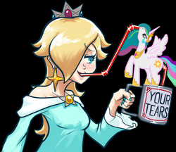 Size: 814x702 | Tagged: safe, princess celestia, g4, all the way through, drinking, nail polish, nintendo, princess rosalina, rosalina, super mario bros., super mario galaxy, wat, your tears are delicious