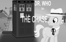 Size: 838x536 | Tagged: safe, doctor whooves, time turner, alien, pony, g4, black and white, dalek, doctor who, first doctor, grayscale, monochrome, panama hat, ribbon bow tie, tardis, the chase, the doctor
