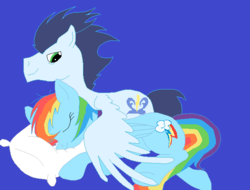 Size: 630x480 | Tagged: safe, artist:bluefire11400, rainbow dash, soarin', g4, female, male, pillow, ship:soarindash, shipping, sleeping, straight