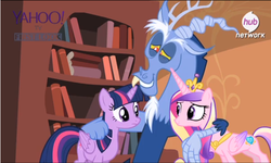 Size: 1209x723 | Tagged: safe, edit, edited screencap, screencap, discord, princess cadance, twilight sparkle, alicorn, pony, g4, season 4, three's a crowd, blue flu, female, hub logo, hubble, mare, now kiss, out of context, the hub, twilight sparkle (alicorn), yahoo