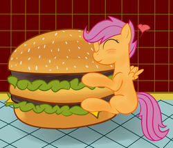 Size: 2350x2000 | Tagged: safe, artist:putinforgod, scootaloo, g4, big mac (burger), female, food, heart, hug, mcdonald's, micro, scootaburger, shipping, solo, this will end in weight gain