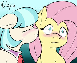 Size: 2059x1686 | Tagged: safe, artist:vulapa, coco pommel, fluttershy, g4, blushing, cocoshy, eyes closed, female, floppy ears, lesbian, shipping, smiling, surprised, varying degrees of want, wavy mouth, wide eyes