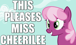 Size: 1000x600 | Tagged: safe, edit, edited screencap, screencap, cheerilee, g4, the cutie pox, caption, female, happy, image macro, pleased, reaction image, smiling, solo