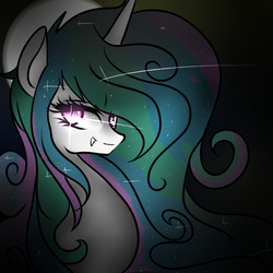 Size: 1000x1000 | Tagged: safe, artist:jankrys00, princess celestia, alicorn, pony, g4, bedroom eyes, darkness, fangs, female, looking at you, smiling, solo, sparkles