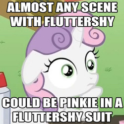 Size: 500x500 | Tagged: safe, edit, edited screencap, screencap, sweetie belle, g4, ponyville confidential, caption, cropped, female, floppy ears, hoof on chin, image macro, meme, solo, sudden clarity sweetie belle
