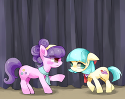 Size: 862x684 | Tagged: safe, artist:day360, coco pommel, suri polomare, earth pony, pony, g4, rarity takes manehattan, bully, bullying, curtains, duo, eye clipping through hair, female, floppy ears