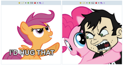 Size: 583x311 | Tagged: safe, pinkie pie, scootaloo, derpibooru, g4, dan, dan vs, exploitable meme, hug, juxtaposition, juxtaposition win, meme, meta