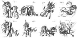 Size: 2000x1000 | Tagged: safe, artist:nalesia, princess celestia, g4, angry, bedroom eyes, butt, crying, eyes closed, face down ass up, faceplant, flying, glare, gritted teeth, looking at you, magic, missing accessory, monochrome, plot, raised hoof, rearing, sad, sketch, sketch dump, smiling, spread wings, underhoof, upside down