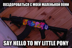 Size: 500x336 | Tagged: safe, artist:lythis57, applejack, fluttershy, pinkie pie, rainbow dash, rarity, twilight sparkle, g4, airsoft, google translate, gun, image macro, irl, mane six, my little arsenal, photo, russian, say hello to my little friend