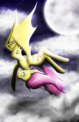 Size: 3300x5100 | Tagged: dead source, safe, artist:spiritofthwwolf, fluttershy, bat pony, pony, bats!, g4, alternate cutie mark, bat wings, epic, female, flutterbat, flying, moon, race swap, solo