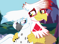 Size: 2464x1840 | Tagged: safe, artist:tallyburd, oc, oc only, oc:skye snowtail, oc:talon pierce, griffon, portrait, vector