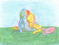 Size: 2191x1691 | Tagged: safe, artist:fonypan, fluttershy, rainbow dash, g4, colored pencil drawing, female, hug, lesbian, love, ship:flutterdash, shipping, traditional art, winghug