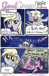 Size: 4262x6530 | Tagged: safe, artist:redapropos, derpy hooves, twilight sparkle, alicorn, pony, g4, absurd resolution, bittersweet, comic, crying, female, joke, laughing, mare, stand-up comedy, tears of laughter, twilight sparkle (alicorn)