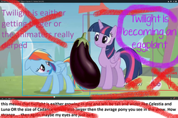 Size: 1280x851 | Tagged: safe, edit, screencap, rainbow dash, twilight sparkle, g4, rainbow falls, bad edit, eggplant, eggplantification, height difference, text, twilight sparkle (alicorn)