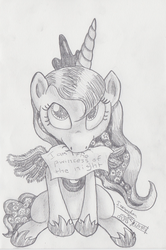 Size: 1680x2528 | Tagged: safe, artist:inurantchan, princess luna, g4, cute, female, fluffy, looking at you, looking up, looking up at you, lunabetes, monochrome, mouth hold, smiling, solo, spread wings, traditional art