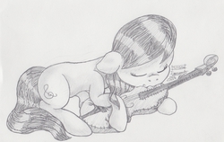 Size: 2496x1579 | Tagged: safe, artist:inurantchan, octavia melody, g4, cello, female, monochrome, musical instrument, plushie, solo, traditional art