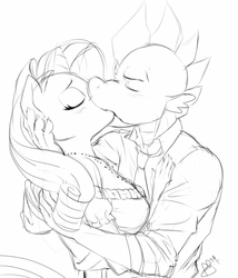 Size: 700x818 | Tagged: safe, artist:pia-sama, rarity, spike, dragon, unicorn, anthro, comic:rogue diamond, g4, duo, female, kiss on the lips, kissing, making out, male, mare, monochrome, ship:sparity, shipping, signature, sketch, straight