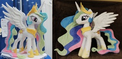 Size: 1360x666 | Tagged: safe, artist:equestriaplush, artist:whitedove-creations, princess celestia, g4, comparison, irl, photo, plushie, toy