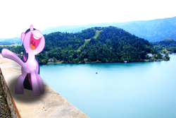 Size: 5184x3456 | Tagged: safe, artist:mr-blitz, artist:really-unimportant, twilight sparkle, g4, irl, lake, mountain, photo, ponies in real life, shadow, singing, solo, tree, uvula, vector, village