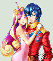 Size: 862x1000 | Tagged: safe, artist:kaminary-san, princess cadance, shining armor, human, g4, clothes, cute, female, human coloration, humanized, husband, husband and wife, light skin, male, married couple, wife