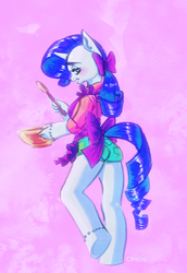 Size: 560x815 | Tagged: safe, artist:just chien, rarity, anthro, g4, apron, bedroom eyes, bow, clothes, cooking, female, looking at you, looking back, ribbon, shorts, solo