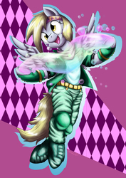 Size: 1984x2803 | Tagged: safe, artist:otakuap, derpy hooves, pony, semi-anthro, g4, bipedal, bubble, caesar zeppeli, clothes, epic derpy, female, happy, headband, jojo's bizarre adventure, open mouth, parody, smiling, solo, spread wings