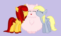 Size: 1155x692 | Tagged: safe, derpy hooves, oc, oc:fluffle puff, earth pony, pegasus, pony, g4, chest fluff, freckles, tongue out