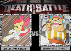 Size: 1008x720 | Tagged: safe, apple bloom, g4, clothes, crossover, death battle, determined look, dynamic entry, exploitable meme, female, filly, foal, ikue otani, karate, kung fu, kung fu point, larger male, meme, one piece, physique difference, skinny, smaller female, thin, tony tony chopper, voice actor joke