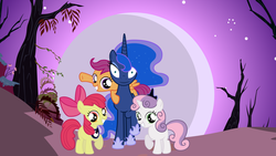 Size: 1600x900 | Tagged: safe, artist:php50, apple bloom, princess luna, scootaloo, sweetie belle, g4, cutie mark crusaders, moon, moonlight, naughty, rapeface