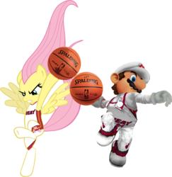 Size: 1052x1082 | Tagged: safe, artist:fjojr, fluttershy, human, pegasus, pony, g4, basketball, clothes, double dunk, female, male, mare, mario, miami heat, nba, simple background, super mario bros., transparent background