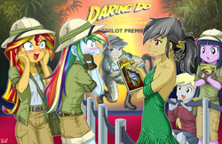 Size: 1081x700 | Tagged: safe, artist:uotapo, a.k. yearling, daring do, derpy hooves, rainbow dash, sunset shimmer, twilight sparkle, human, equestria girls, g4, autograph, blushing, book, book signing, clothes, costume, cute, dashabetes, dress, ear piercing, earring, equestria girls-ified, fangasm, fangirl, fangirling, female, green dress, hair ornament, hat, hilarious in hindsight, jewelry, movie premiere, open mouth, piercing, ponytail, premiere, shimmerbetes, stupid sexy daring do, sunset helper