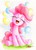 Size: 1329x1844 | Tagged: safe, artist:deathcutlet, pinkie pie, earth pony, pony, g4, balloon, colored pencil drawing, cute, diapinkes, eyes closed, featured image, female, floppy ears, grass, happy, open mouth, ponk, signature, sitting, smiling, solo, traditional art, underhoof