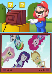 Size: 541x767 | Tagged: safe, applejack, fluttershy, pinkie pie, rainbow dash, rarity, equestria girls, g4, exploitable meme, huddle shot, humane five, male, mario, meme, role reversal, super mario, tv meme, tv meme mario style