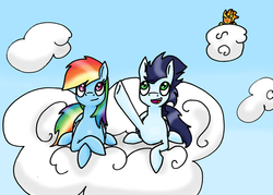 Size: 1024x734 | Tagged: safe, artist:lrusu, rainbow dash, soarin', spitfire, g4, cloud, cloudy, female, male, ship:soarindash, shipping, straight