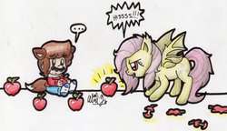 Size: 1024x590 | Tagged: safe, artist:babyabbiestar, fluttershy, bat pony, human, pony, bats!, g4, apple, crossover, flutterbat, male, mario, race swap, super mario bros.