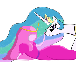 Size: 4398x3586 | Tagged: safe, artist:joemasterpencil, princess celestia, g4, adventure time, crossover, male, princess bubblegum, simple background, white background