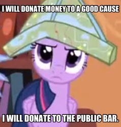 Size: 1494x1570 | Tagged: safe, twilight sparkle, alicorn, pony, g4, my little pony: friendship is magic, three's a crowd, female, hat, image macro, mare, meme, paper hat, solo, twilight sparkle (alicorn)