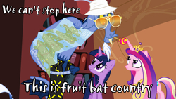 Size: 960x540 | Tagged: safe, discord, princess cadance, twilight sparkle, alicorn, pony, g4, three's a crowd, blue flu, fear and loathing in las vegas, female, hunter s. thompson, map, mare, raoul duke, twilight sparkle (alicorn), we can't stop here this is bat country
