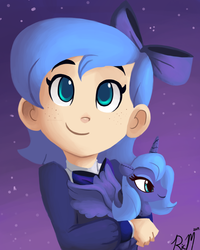 Size: 1200x1500 | Tagged: safe, artist:ric-m, princess luna, human, g4, 2014, cute, female, filly, freckles, human ponidox, humanized, light skin, lunabetes, night, plushie, s1 luna, signature, solo, woona, younger