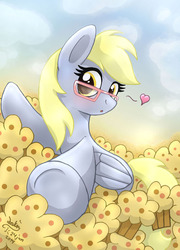 Size: 865x1200 | Tagged: safe, artist:joakaha, derpy hooves, pegasus, pony, g4, cute, derpabetes, female, food, glasses, heart, mare, muffin, pile, solo, that pony sure does love muffins