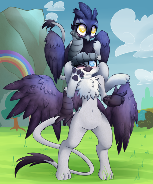 Size: 5000x6010 | Tagged: safe, artist:extradan, giselle, irma, natalya, griffon, semi-anthro, rainbow falls, absurd resolution, belly button, bipedal, blushing, bush, cloud, cute, duo, duo female, featured image, female, griffons riding griffons, leaning, paw pads, peace sign, riding, smiling, tree, wink