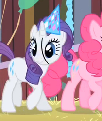 Size: 383x456 | Tagged: safe, screencap, pinkie pie, rarity, g4, party of one, animation error, hat, party hat