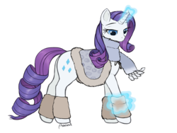 Size: 1280x962 | Tagged: safe, artist:arareroll, rarity, g4, bundled up, bundled up for winter, butt, clothes, female, fluffy, leg warmers, looking down, magic, plot, scarf, solo, standing, telekinesis, winter outfit