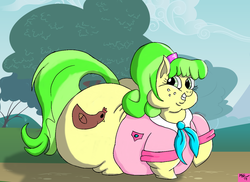 Size: 1280x930 | Tagged: safe, artist:asksquishyluna, artist:squishyluna, chickadee, ms. peachbottom, pony, g4, butt, fat, female, impossibly large butt, morbidly obese, obese, plot, solo