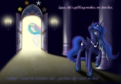 Size: 1200x829 | Tagged: safe, artist:ronin1o8, princess celestia, princess luna, g4, context is for the weak, crying, door, floppy ears, frown, raised hoof, sad