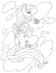 Size: 600x784 | Tagged: safe, artist:considerably-insane, fluttershy, butterfly, pegasus, pony, g4, female, monochrome, smiling, solo