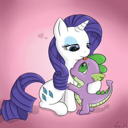 Size: 1000x1000 | Tagged: safe, artist:liz_art, rarity, spike, dragon, pony, unicorn, g4, duo, female, licking, male, mare, ship:sparity, shipping, spikelove