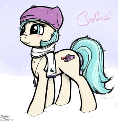 Size: 554x572 | Tagged: safe, artist:magicalhoney, coco pommel, g4, clothes, female, scarf, snow, snowfall, solo